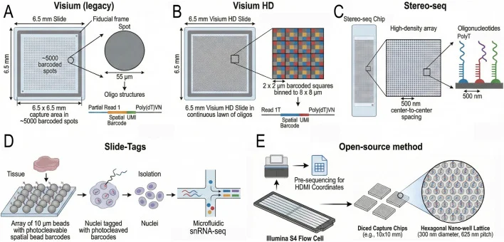 Overview of Sequencing-Based Spatial Transcriptomics (sST) Platforms. (A) The legacy Visium platform utilizes capture spots with a diameter of 55 µm. This resolution aggregates the transcriptomes of 2–10 cells, effectively obscuring cellular heterogeneity and necessitating computational deconvolution to infer cellular composition. (B) Visium HD employs 2 µm resolution bins to significantly improve spatial granularity, providing single-cell resolution across the whole transcriptome. (C) Stereo-seq utilizes DNA nanoball (DNB) technology on lithographically etched chips to achieve a spot size of 220 nm and a pitch of 500–715 nm. This nanoscale resolution enables the capture of transcripts with high spatial fidelity across large fields of view. (D) Slide-tags employs a strategy of spatial indexing where nuclei are tagged with photocleavable barcodes from an array of 10 µm beads prior to isolation. This method reconstructs spatial information computationally and is compatible with standard single-nucleus RNA sequencing workflows. (E) Open-source methods, such as Seq-Scope or Nova-ST, repurpose Illumina sequencing flow cells as ultra-high-density spatial arrays. By performing solid-phase amplification of randomly barcoded oligonucleotides directly on the flow cell surface, these methods generate RNA-capturing clusters spaced approximately 0.5 µm apart.